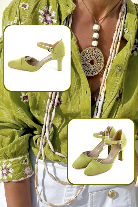 Women's pistachio green elegant closed-back heels, with an instep strap. Round toe. High kitten heels - Worn view